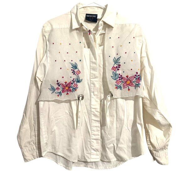 Vintage Frontier Series White Embroidered Western Button-Up Shirt With Floral De - Picture 1 of 5